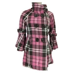 Wool Plaid Coat Jacket Pink Brown Flare Big Button